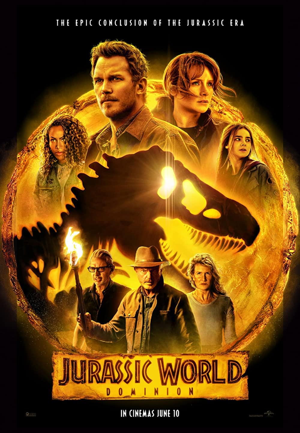 Film poster for Jurassic World Dominion starring Chris Pratt, Bryce Dallas Howard, Laura Dern, Sam Neill, Jeff Goldblum, DeWanda Wise, and Isabella Sermon (2022)