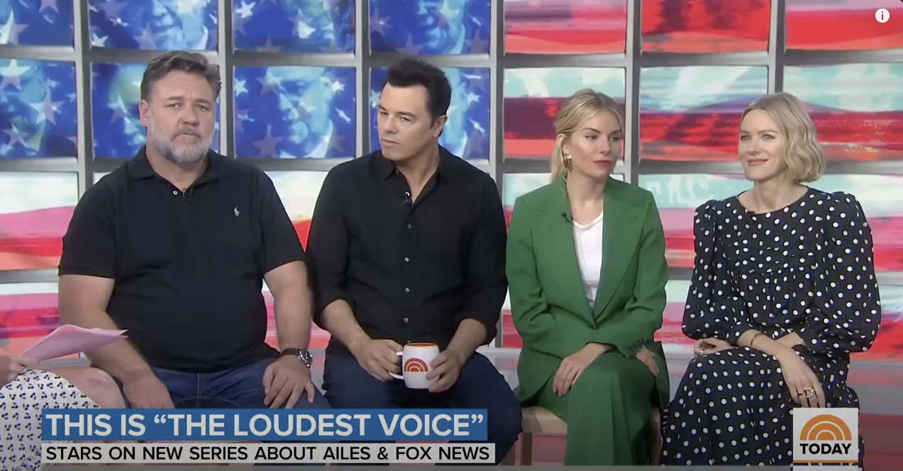 Russell Crowe, Sienna Miller, Seth MacFarlane and Naomi Watts join Savannah Guthrie and TODAY to talk about “The Loudest Voice,” the Showtime series that sheds light on the late Roger Ailes, the founder of Fox News and political consultant who faced allegations of sexual harassment. Photo Credit: TODAY/NBC Universal