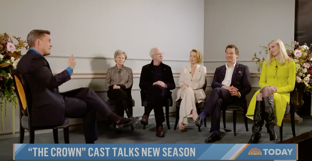The cast of "The Crown", Imelda Staunton, Jonathan Pryce, Lesley Manville, Dominic West, and Elizabeth Debicki talk to TODAY’s Keir Simmons about season five of the show and all of the buzz surrounding it. Photo Credit: NBC Universal/TODAY Show