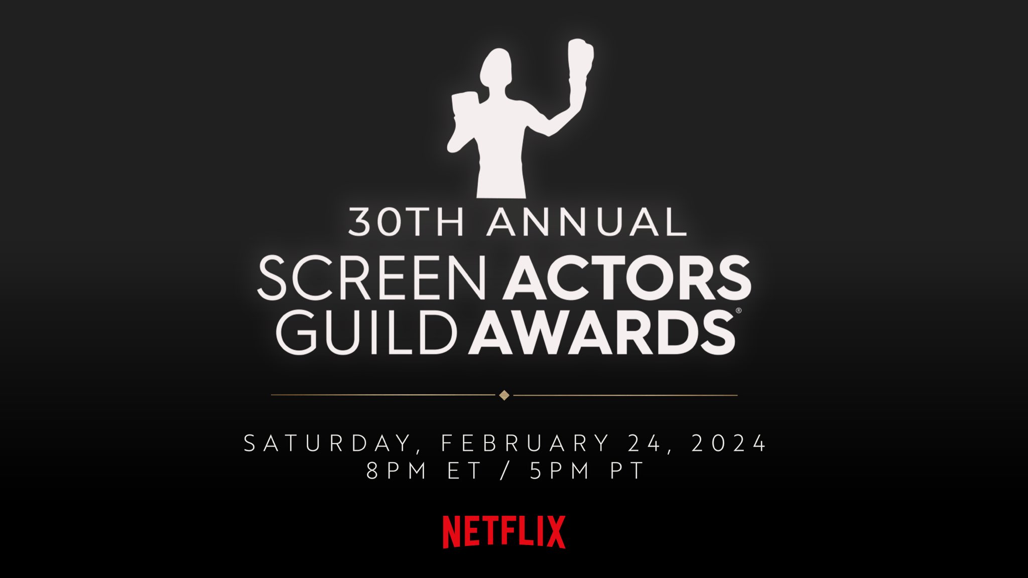 The 30th Annual Screen Actors Guild Awards, honoring the best achievements in film and television performances for the year 2023, will be presented on February 24, 2024, at the Shrine Auditorium and Expo Hall in Los Angeles, California. For the first time, the ceremony will stream live on Netflix, starting at 8:00 p.m. EST / 5:00 p.m. PST. The nominees were announced on January 10, 2024, by Kumail Nanjiani and Issa Rae via the SAG Awards' and Netflix's Instagram Live. It will be produced for the first time by Silent House Productions, with Alex Rudzinski serving as director. Before the nominations announcement, Entertainment Weekly and the Screen Actors Guild co-hosted the inaugural SAG Awards Season Celebration, presented by City National Bank, on December 14, 2023, in Los Angeles. Barbra Streisand was announced as the 2023 SAG Life Achievement Award recipient on December 14, 2023.