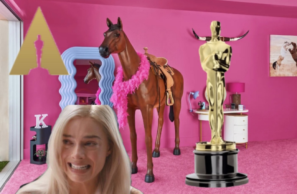 (L) The Academy of Motion Picture Arts and Sciences logo, (B) Margot Robbie in "Barbie" (2023), (C) Ken's Mojo Dojo Casa House, (R) An Oscar Statuette Photo Credit: Siobhan Day/AMPAS/Warner Bros/Google Images