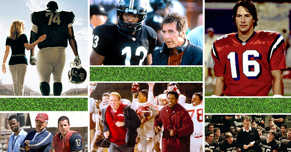 (L to R) Sandra Bullock and Quinton Aaron in "The Blind Side" (2006), Jamie Foxx and Al Pacino in "Any Given Sunday" (1999), Keanu Reeves in "The Replacements" (2000), Chris Rock, Burt Reynolds, and Adam Sandler in "The Longest Yard" (2005), Will Patton and Denzel Washington in "Remember the Titans" (2000), and Billy Bob Thornton in "Friday Night Lights" (2004) Photo Credit: Paramount Pictures/Warner Bros Pictures/Warner Bros Pictures/Paramount Pictures/Walt Disney Pictures/TriStar Pictures/Universal Pictures