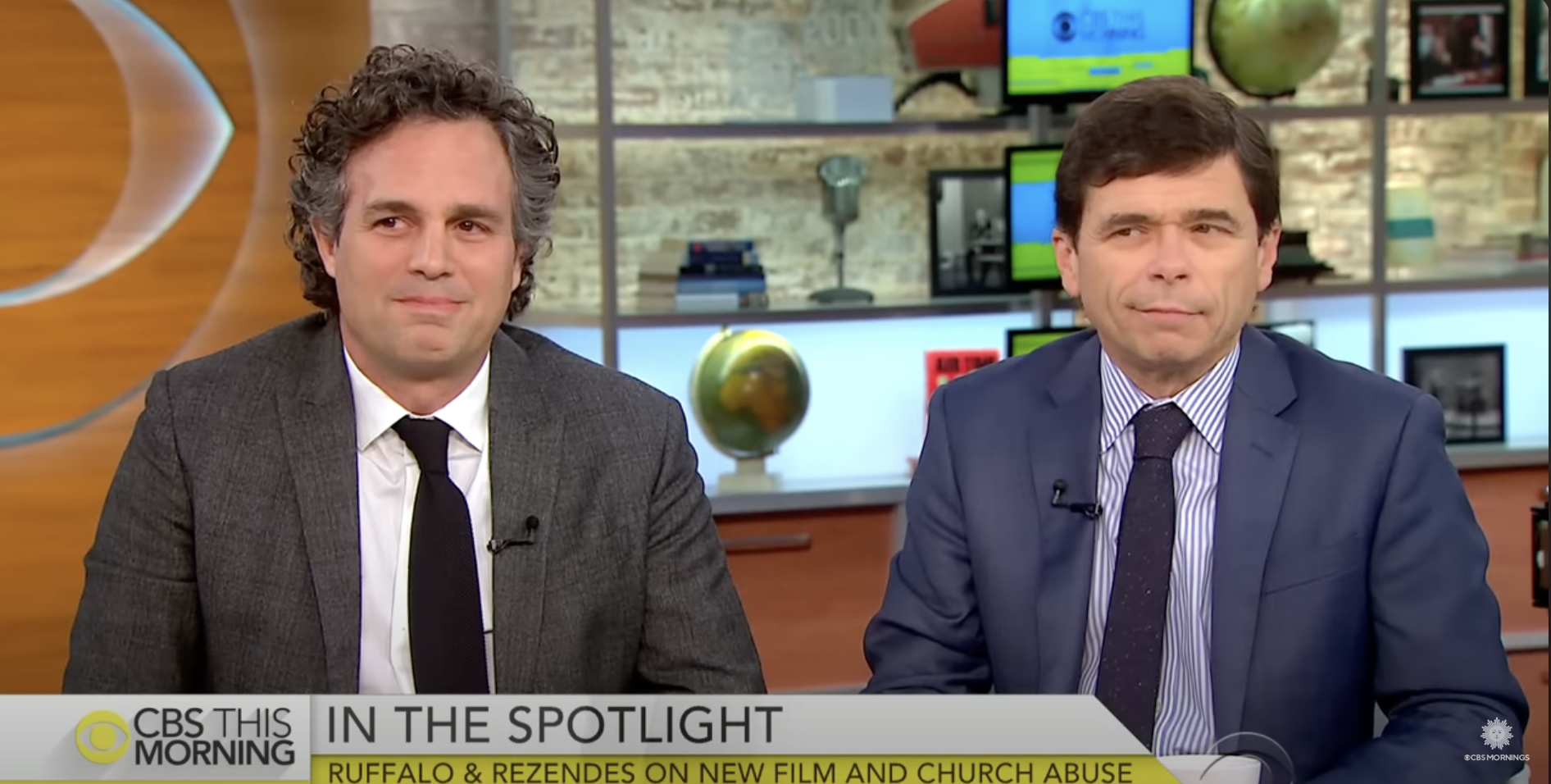 (L to R) Mark Ruffalo, and Michael Rezendes with CBS Mornings discussing "Spotlight" (2015), and The Boston Globe Pulitzer Prizing winning expose that Rezendes wrote in 2002, Ruffalo plays him in the 2015 film. Photo Credit: CBS Mornings