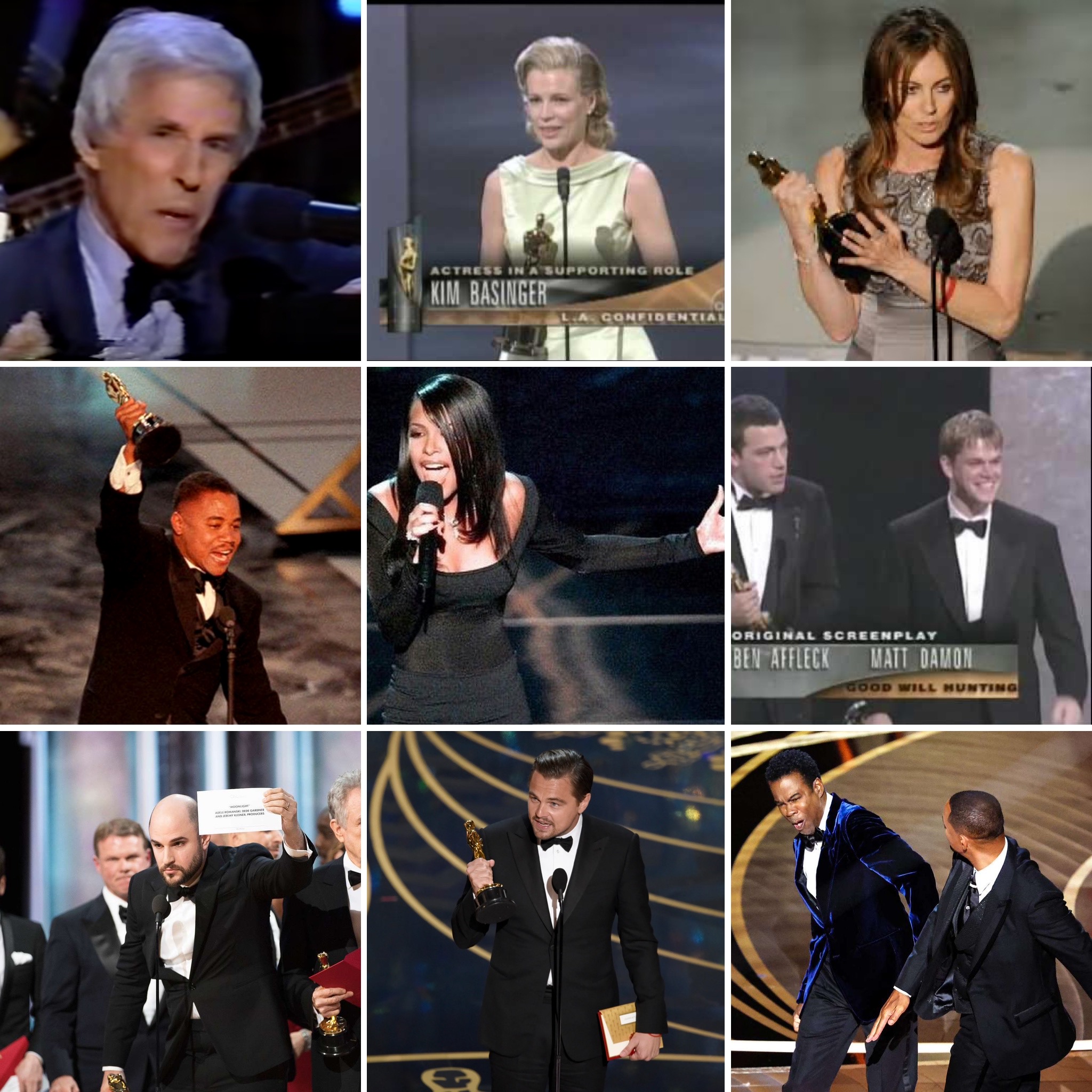 Some Oscar Moments of the past that include: Burt Bacharach and several renowned musicians complete a medley of some of the Best Original Song nominees, Kim Basinger wins the Oscar for Best Supporting Actress, Kathryn Bigelow wins the Oscar for Best Director, Cuba Gooding Jr. wins the Oscar for Best Supporting Actor, Aaliyah performs at the Oscars shortly before her death in a plane crash, Ben Affleck and Matt Damon win the Oscar for Best Original Screenplay, Envelopegate, where "La La Land" was mispronounced as the Best Picture winner, when it was in fact, "Moonlight," Leonardo Dicaprio finally wins an Oscar for Leading Actor after several nominations and many snubs, and the slap heard around the world, Will Smith slaps Chris Rock onstage at the Oscars over a joke about his wife, Jada Pinkett Smith. Photo Credit: The Academy of Motion Picture Arts and Sciences