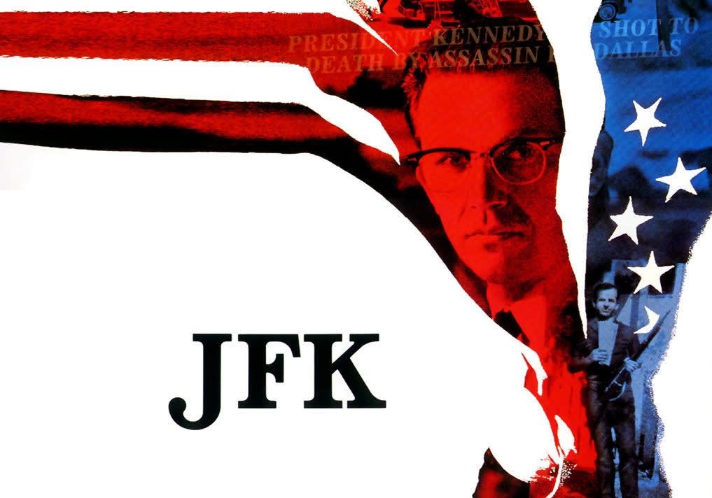 Directed by Oliver Stone, with Screenplay by Oliver Stone, and Zachary Sklar, and Based on "On the Trail of the Assassins" by Jim Garrison, and "Crossfire: The Plot That Killed Kennedy" by Jim Marrs, and Produced by A. Kitman Ho, and Oliver Stone, Starring: Kevin Costner, Kevin Bacon, Tommy Lee Jones, Laurie Metcalf, Gary Oldman, Michael Rooker, Jay O. Sanders, Sissy Spacek, and Cinematography by Robert Richardson, and Edited by Joe Hutshing, and Pietro Scalia, with Music by John Williams, and Production companies: Le Studio Canal+, Regency Enterprises, Alcor Films, and Ixtlan Corporation, and Distributed by Warner Bros. (1991)