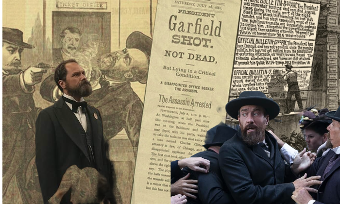 Michael Shannon as James A. Garfield in the limited series "Death by Lighning" (2025) Matthew Macfadyen as Charles J. Guiteau in the limited series "Death by Lighning" (2025) Photo Credit: Netflix Photo Credit: Netflix