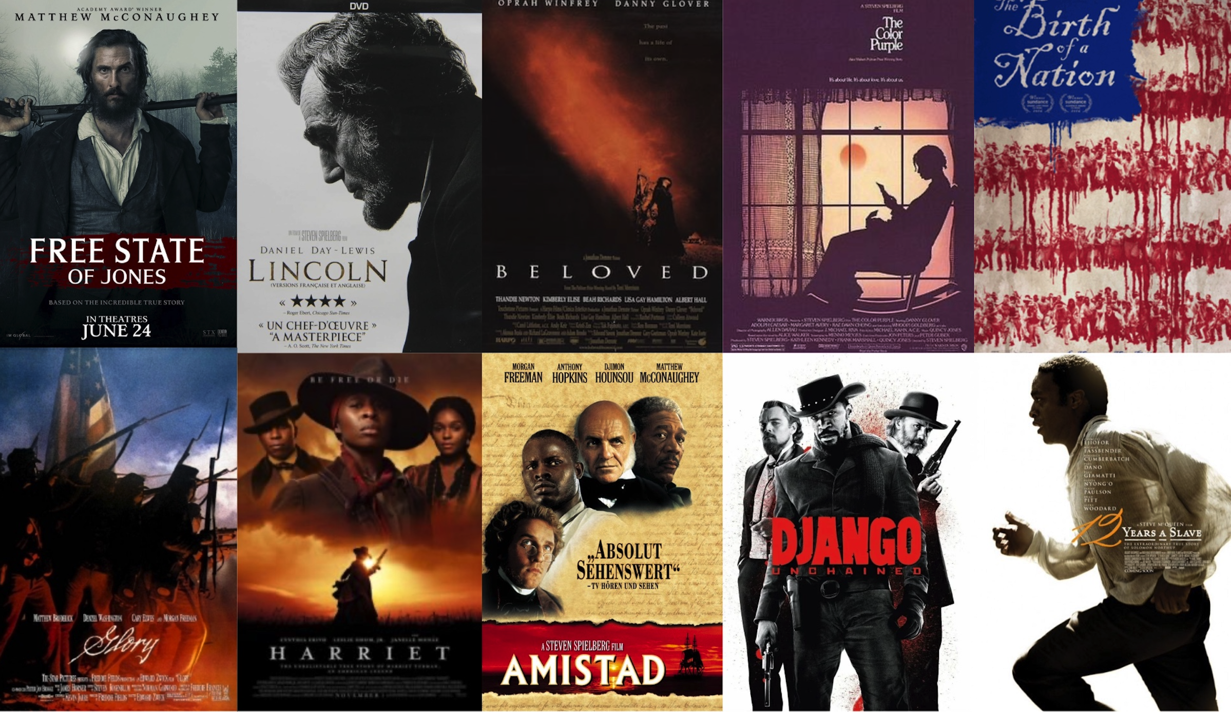12 Years a Slave (2013) – The Oscar-winning adaptation of Solomon Northup's memoir, detailing the harrowing 12 years a free Black man from New York spent in captivity in Louisiana. Amistad (1997) – Directed by Steven Spielberg, this film recounts the 1839 mutiny aboard a Spanish slave ship and the landmark U.S. Supreme Court case that followed. Beloved (1998) – Based on Toni Morrison’s Pulitzer Prize-winning novel, this haunting film explores the deep psychological trauma lingering long after escape from slavery. The Birth of a Nation (2016) – A dramatization of the life of Nat Turner, the enslaved preacher who led a historic 1831 slave rebellion in Virginia. Harriet (2019) – A biographical film following the life of Harriet Tubman as she escapes slavery and risks her life to lead hundreds of enslaved people to freedom via the Underground Railroad. Django Unchained (2012) – Quentin Tarantino’s stylized spaghetti Western follows a freed slave who partners with a bounty hunter to rescue his wife from a brutal Mississippi plantation. Glory (1989) – While primarily focusing on the American Civil War, this masterpiece highlights the 54th Massachusetts Infantry, a regiment composed of freed and escaped Black men fighting for the Union. Free State of Jones (2016): The story of Newton Knight, a Mississippi farmer who led a rebellion of poor white farmers and runaway slaves against the Confederacy. The Color Purple (1985) - While focusing heavily on the early 20th-century American South, the narrative is deeply rooted in the generational trauma and resilience tracing back to the post-emancipation and slavery eras. Lincoln (2012) – Directed by Steven Spielberg, this film portrays the final months in the life of Abraham Lincoln and his political maneuvers to pass the Thirteenth Amendment, which officially abolished slavery in the United States