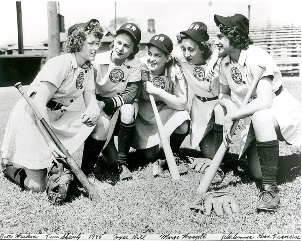 The Grand Rapids Chicks in 1945, pictured left to right: Betty Whiting, Twila Shively, Joyce Hill, Marge Wenzell and Philomina Gianfrancisco. (National Baseball Hall of Fame)