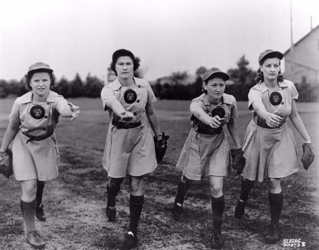 Four pitchers on the Rockford Peaches, on which the movie "A League of Their Own" was based, warm up before a game in 1943. (National Baseball Hall of Fame)